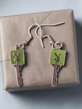 Green Enamel Bunny Key Dangle Earrings